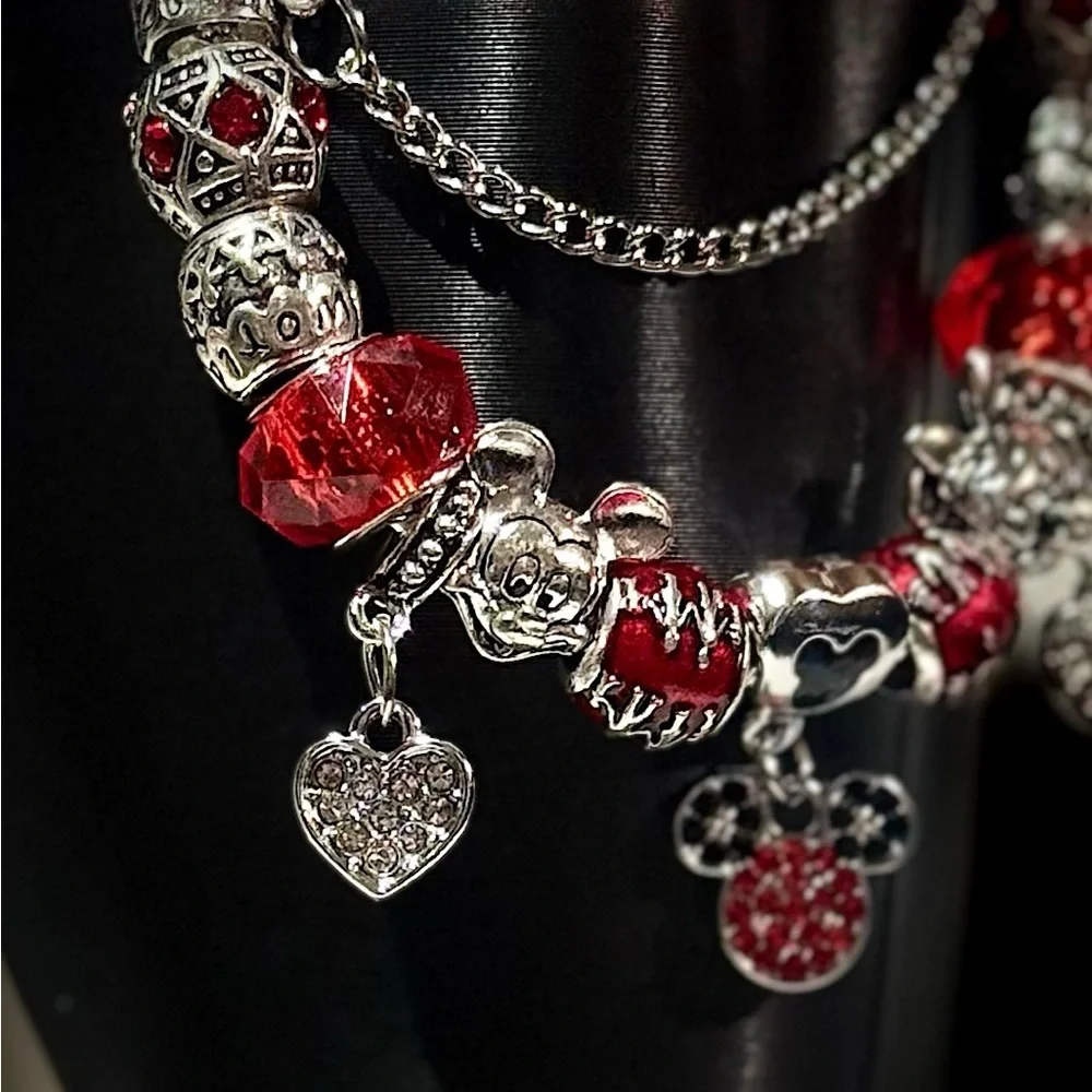 Elegant Silver and Red Charm Bracelet